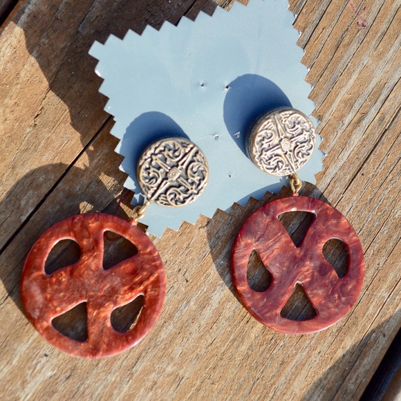 artisan Jewelry - Big Red Drop Marble Button Earrings Antique Look
